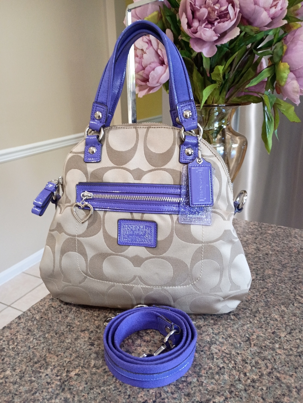 Coach Poppy Signature Satchel with Purple Trim